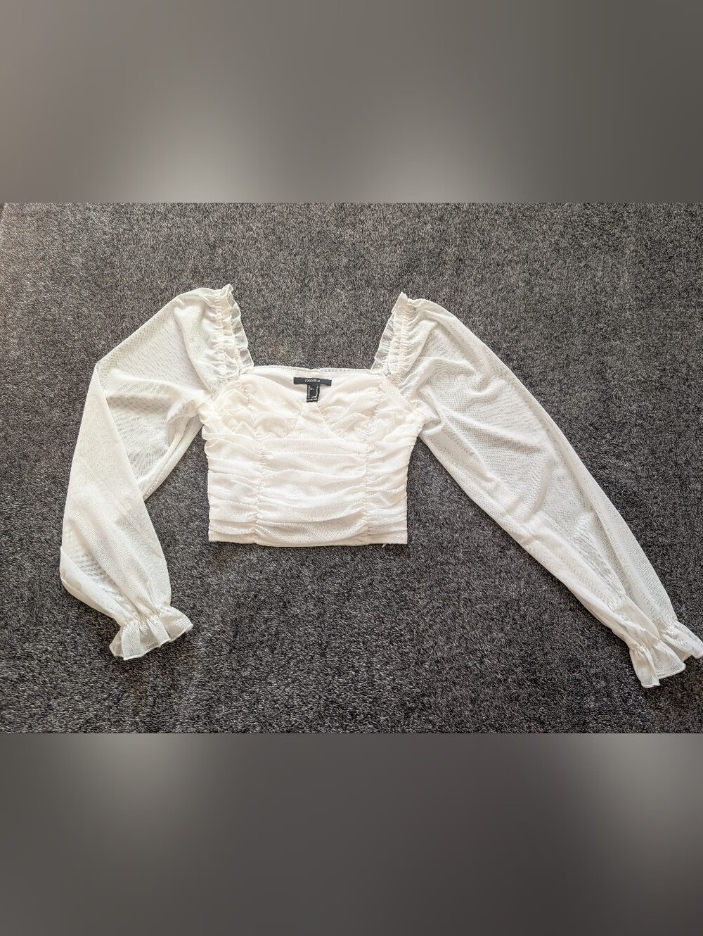 Forever 21 Cream Ruched Puff-Sleeve Square Neck Crop Top